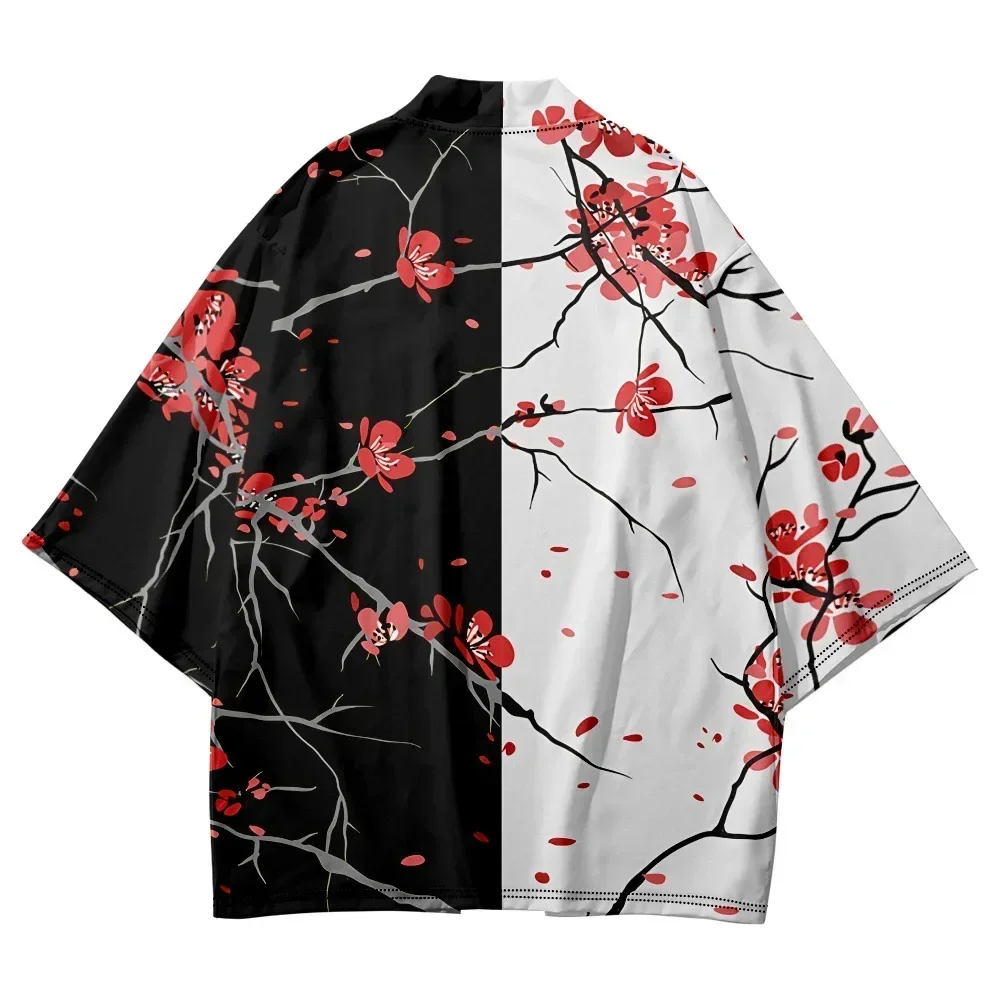 Traditional Japanese Clothing Kimono Men's and Women's Haori Cardigan Red Printed Yukata, Black and White Beach Cardigan