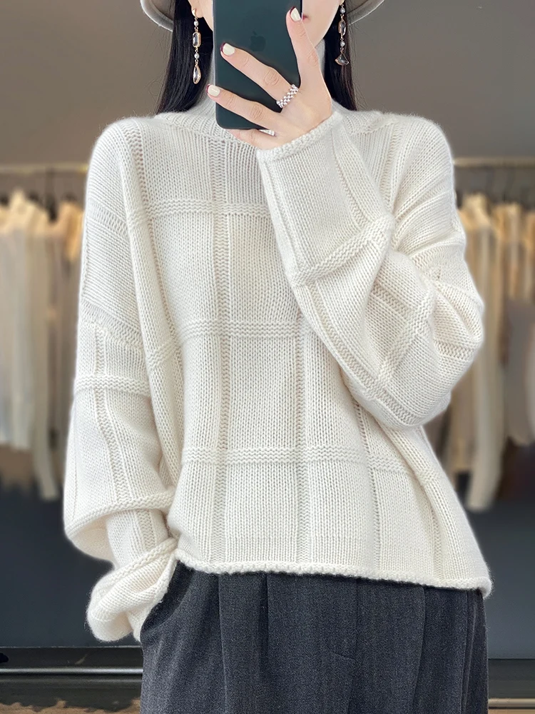 

Women Turtleneck Sweater Pullovers Plaid Loose Cashmere Autumn Winter 100% Merino Wool Knitted Grace Korean Style Clothing Tops
