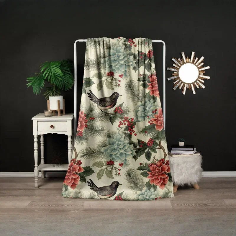 

Flower and Bird Print Blanket Cozy Flannel Blanket Soft Warm Multi-Purpose Shawl For Office Home Cold Weather Gift Idea