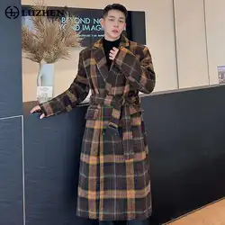 LUZHEN Stylish Plaid Men Elegant Original Design Long Trench Woolen Coat Casual Autumn Winter Knee-length Trendy Outwear LZ7520