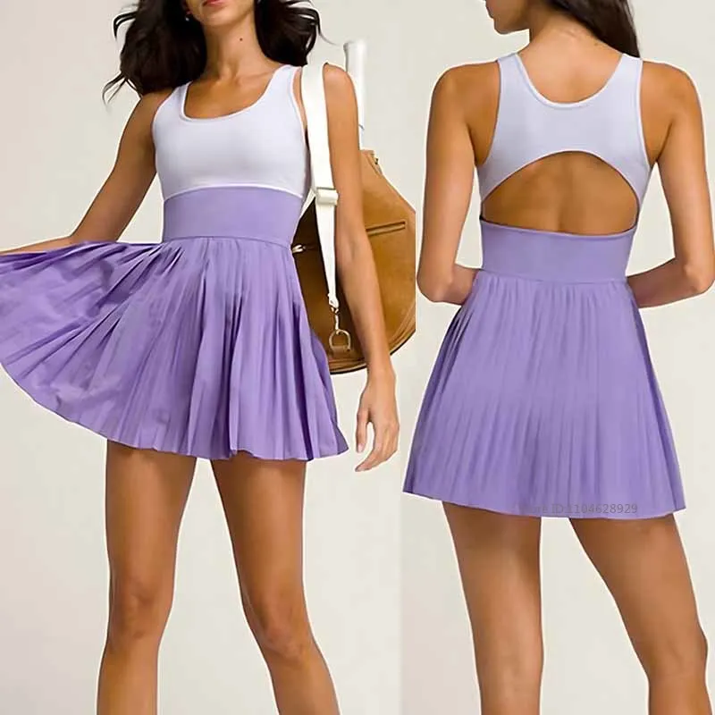 Contrast Color Women Tennis Dress U-Neck Slim Golf Sports Dress with Inner Short Ladies Hollow Backless Fitness Workout Skirt