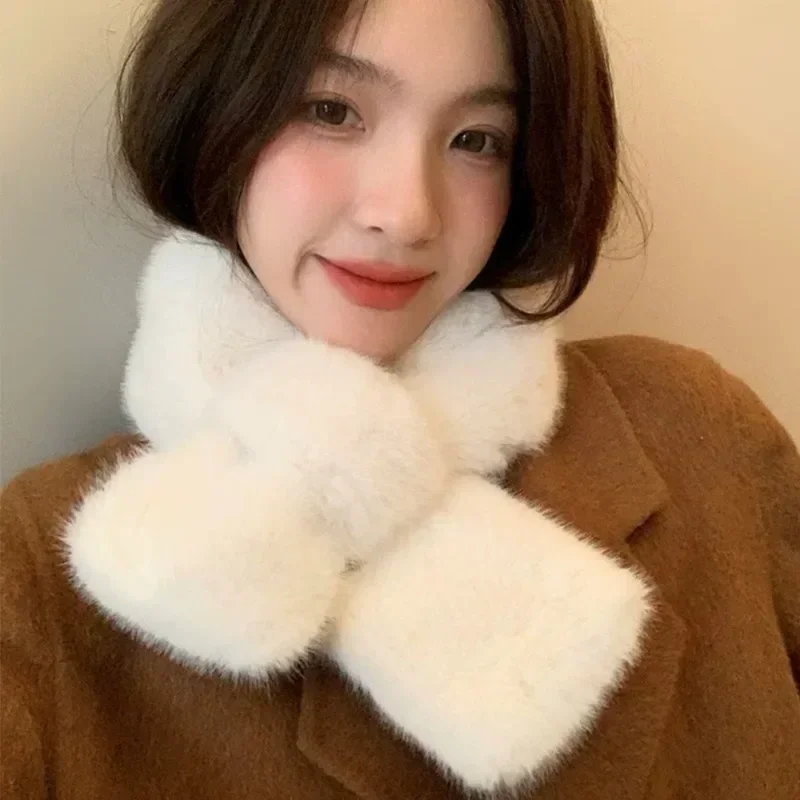 Warm Thicken Scarf Winter Women Girls Solid Color Soft Comfortable Rabbit Fur Scarf Cute Cross Plush Scarves Fashion Accessories