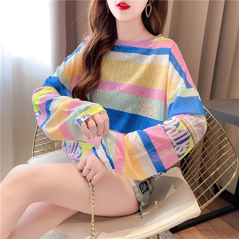 #0643 Sunscreen T Shirt Clorful Stirped Tshirt Long Sleeve Loose Thin Perspective T-Shirt Femme Beach Streetwear Tee Summer 2023