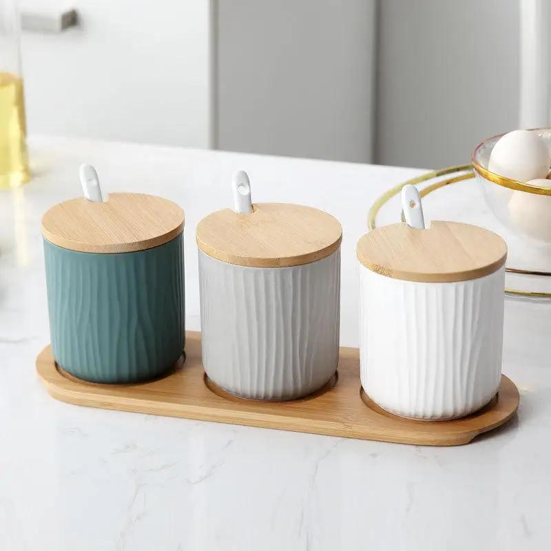 Nordic Ceramic Seasoning Jar with Wooden Lid and Spoon Storage Container Condiment Jars Rack Kitchen Tools Box