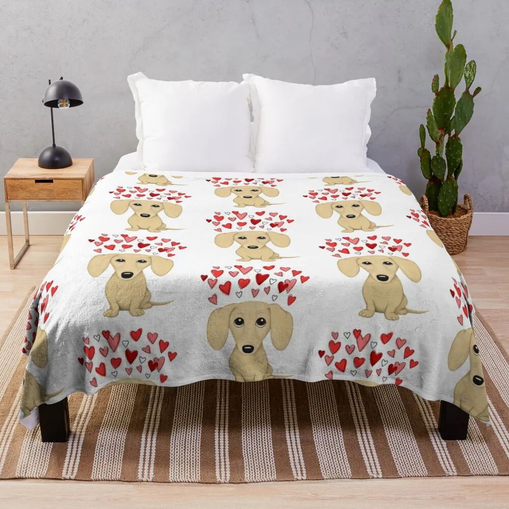 

Cream Dachshund Cute Wiener Dog with Valentine Hearts Throw Blanket Plaid on the sofa Furry Blankets