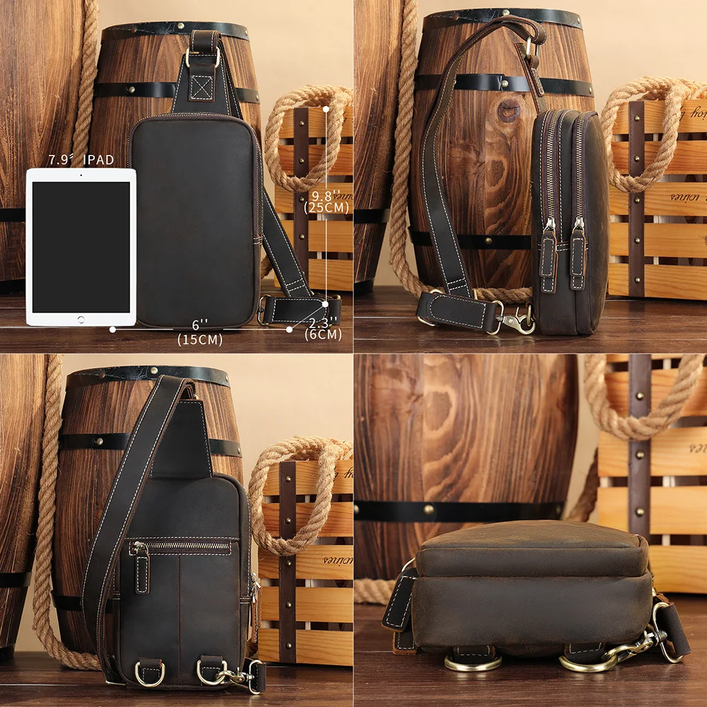 Bolso de pecho de cuero grueso para hombre, bandolera de cuero de vaca Real, bandolera pequeña de un solo hombro