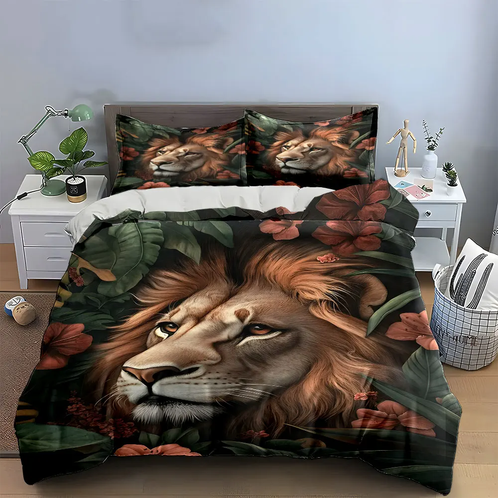 Lion Jungle Decor Set Bedding Set with 1 Duvet Cover 2 Pillowcases Single Double King Queen, Gift