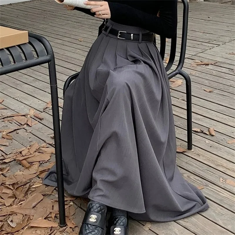 Women High Waist Jupe Korean Pleating Swing Skirt Vintage Fashion 2024 Spring Office Falda Holiday Loose Solid Long Skirt