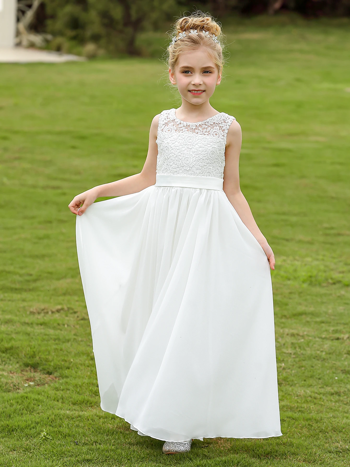 女の子用ホワイトレースノースリーブフラワーガールドレス-キッズシフォンロングマキシプリンセスガウン-結婚式-誕生日-ページェント用