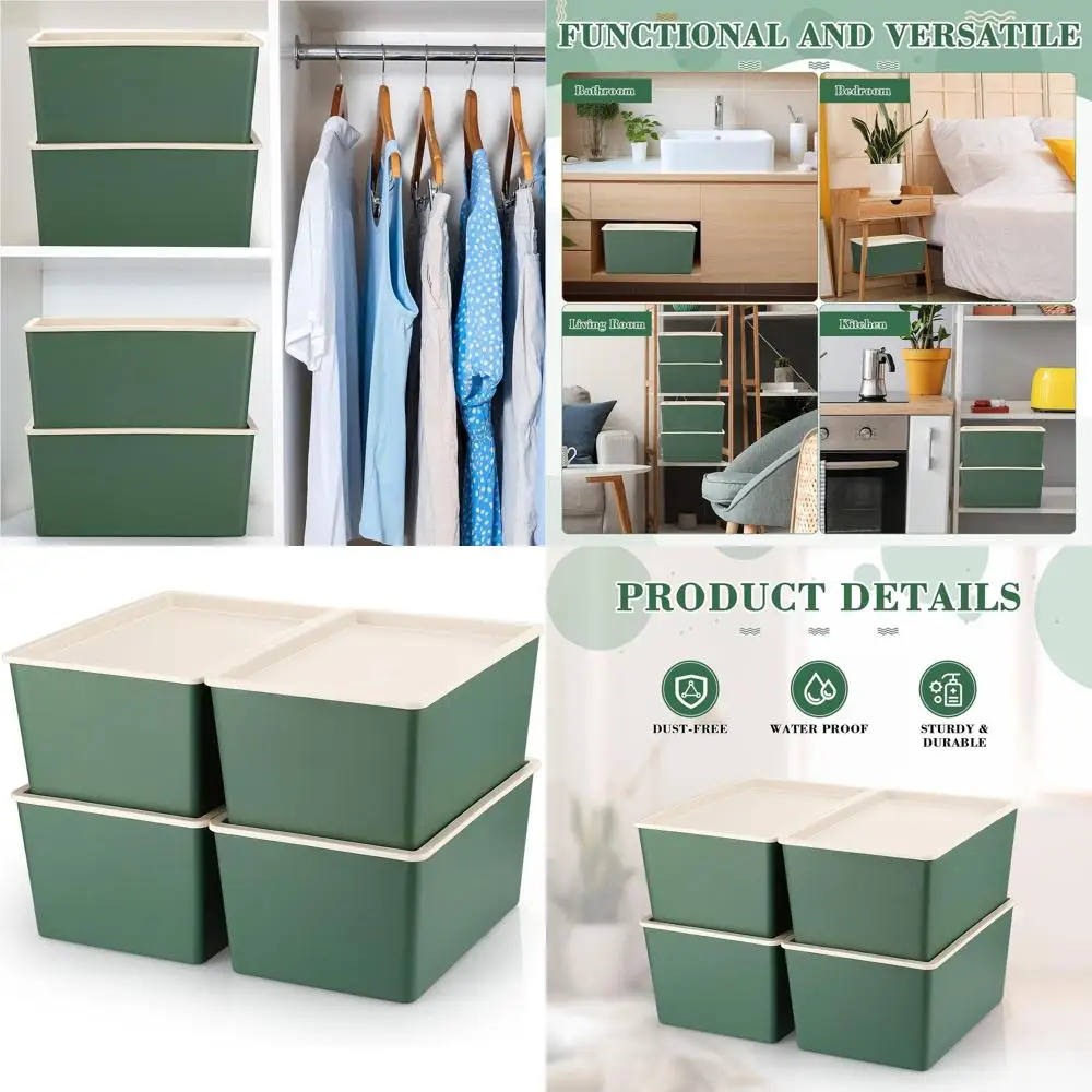 

Large Green Stackable Plastic Storage Bins with Lids for Organizing Shelves and Christmas Ornament Boxes