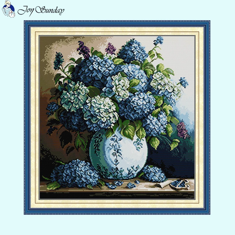 Blue Hydrangea Flower Vase Pattern Cross Stitch Kits Aida 14CT 16CT 11CT White Cloth Printed Fabric Embroidery Home Decor Crafts