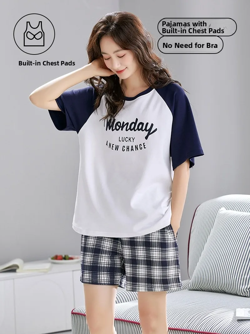 

Pure Cotton ort Sve Spwear Women's Sle Summer Home Clothes with Chest Pad Small Size No Bra Needed Cute Design