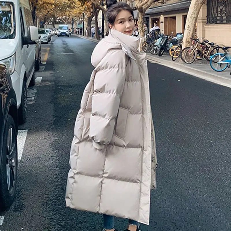 2023 New Women Down Cotton Coat Winter Jacket Female Long Over The Knee Parkas Loose Thick Outwear Solid Color Hooded Overcoat