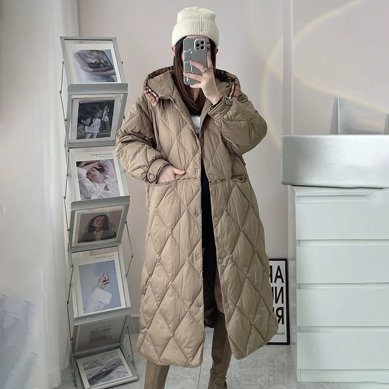 Women's Winter Jacket Long Down Coats Simple Patchwork Casual Stylish Parka Windproof Thickened Warm Hooded Snow Outerwears