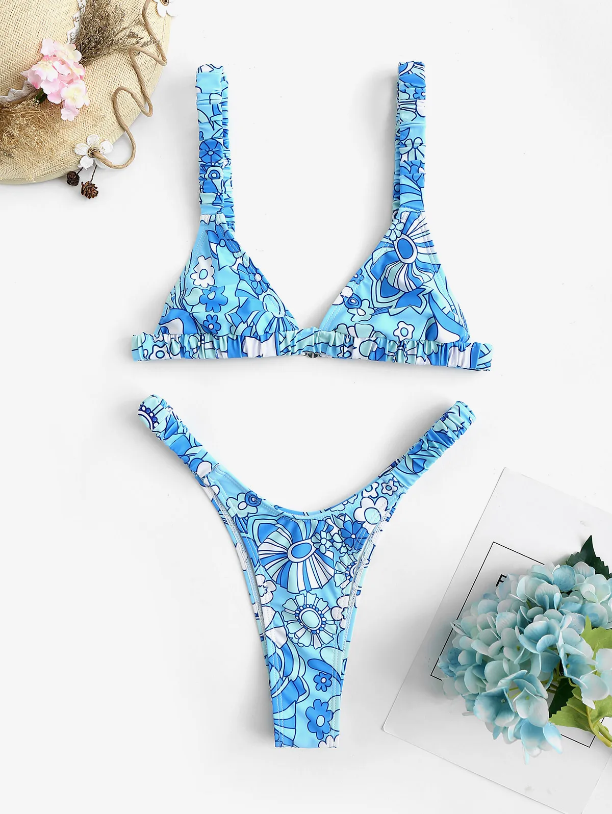 ZAFUL Elastic Strap Floral Print Thong Bikini Swimwear