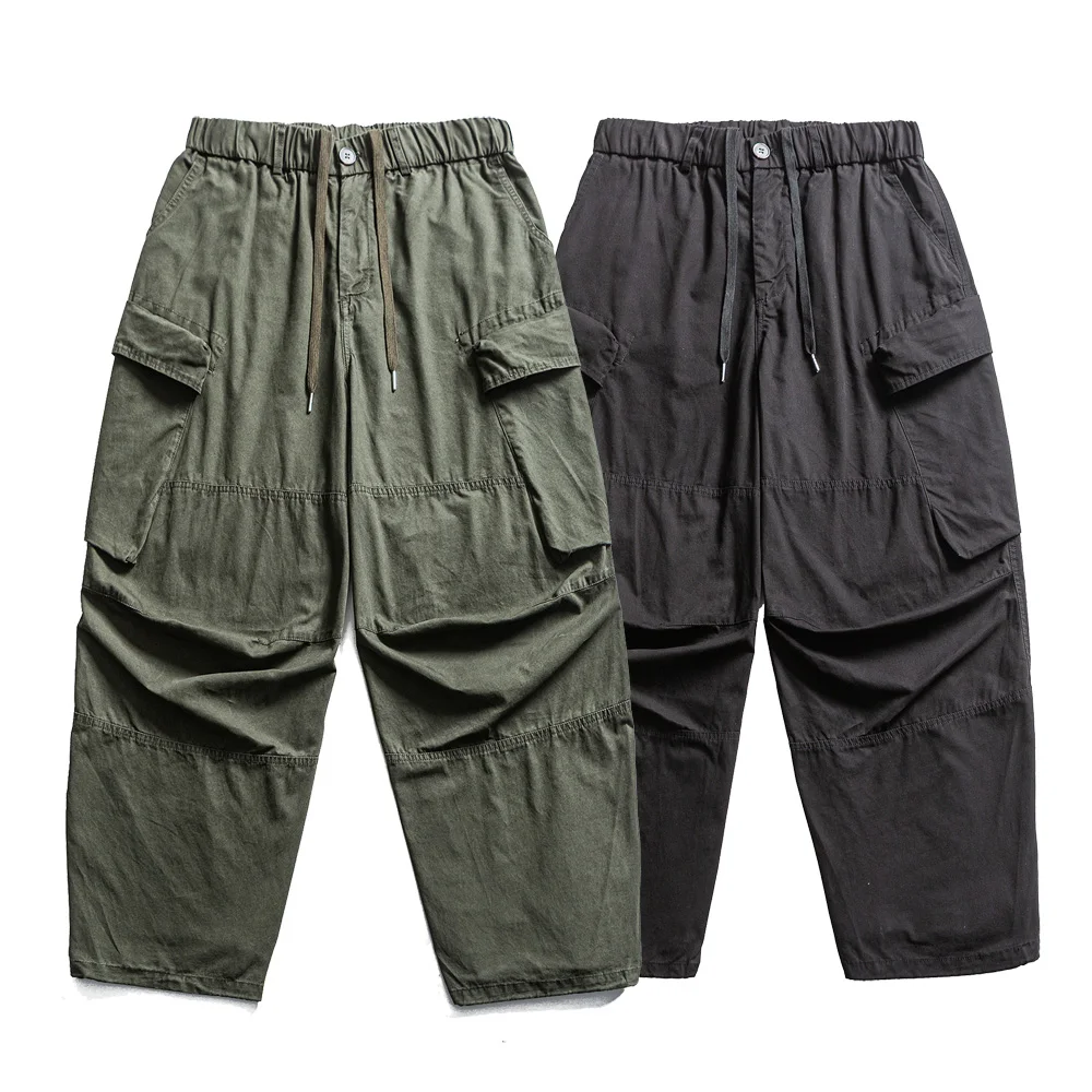 

Японская уличная одежда, плиссированные брюки-карго с большими карманами, мужские и женские свободные повседневные брюки из чистого хлопка, широкие прямые мешковатые брюки, брюки