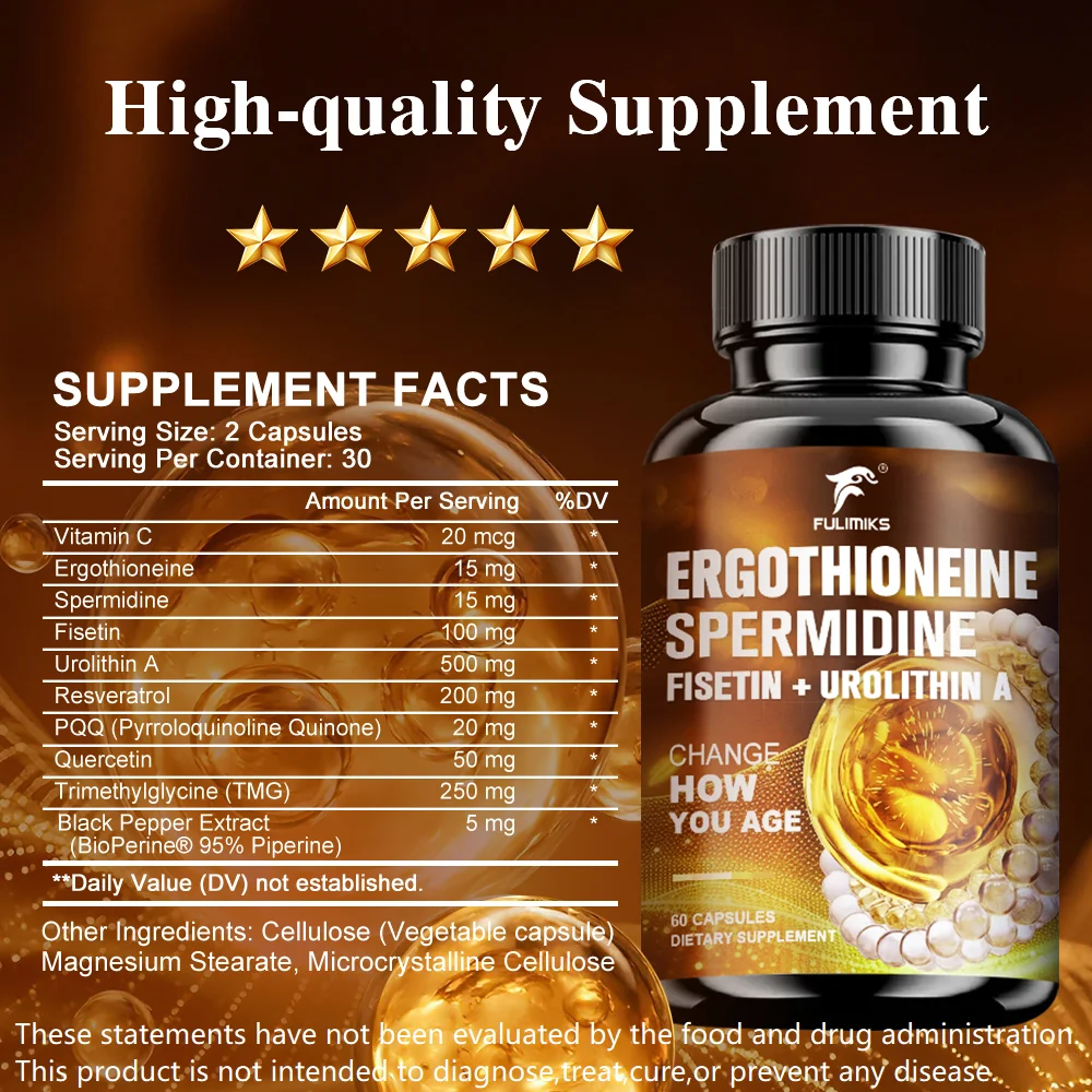 Ergothioneine Spermidine Capsules, with Fisetin & Urolithin A, Powerful Antioxidant Support, Anti-Aging, Promote Healthy Aging, Maintain Skin Vitality, Support Cellular Wellness, for Men & Women