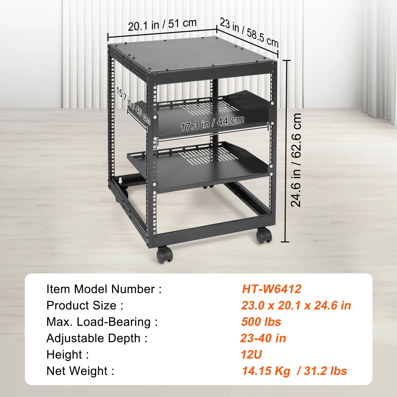 12U Open Frame Server Rack, Adjustable Depth, Free Standing Or Wall Mount Network Server Rack, 4 Post AV Rack With Casters,