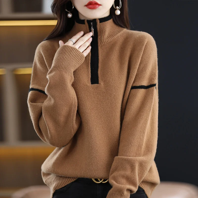 Autumn And Winter Women's Half Turtleneck Loose Long Sleeve Pullover Korean Style Sweater 100% Pure Wool Knitted Bottoming JQ165