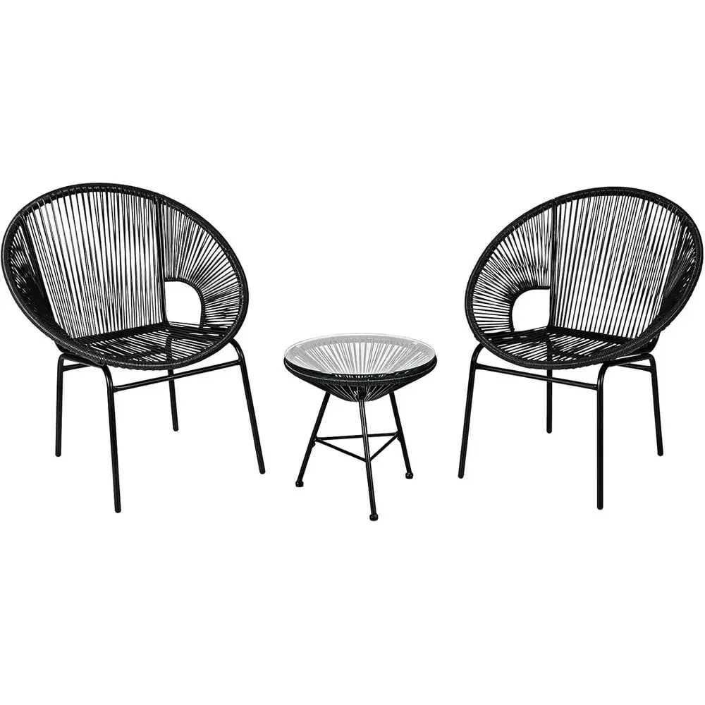 3-Piece Outdoor Bistro Set with Wicker Chairs and Tempered Glass Table for Patio, Balcony, Garden, and Backyard