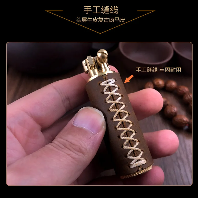 Genuine Leather With Brass Kerosene Lighters Unique Gasoline Lighters Windproof Crazy Horse Smoking Lighter MEN Gift