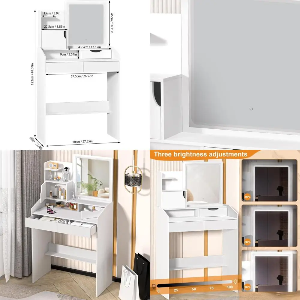 

Туалетный столик с LED-подсветкой и местом для хранения, регулируемой яркостью, идеально подходит для небольших помещений и женских спален, белая отделка