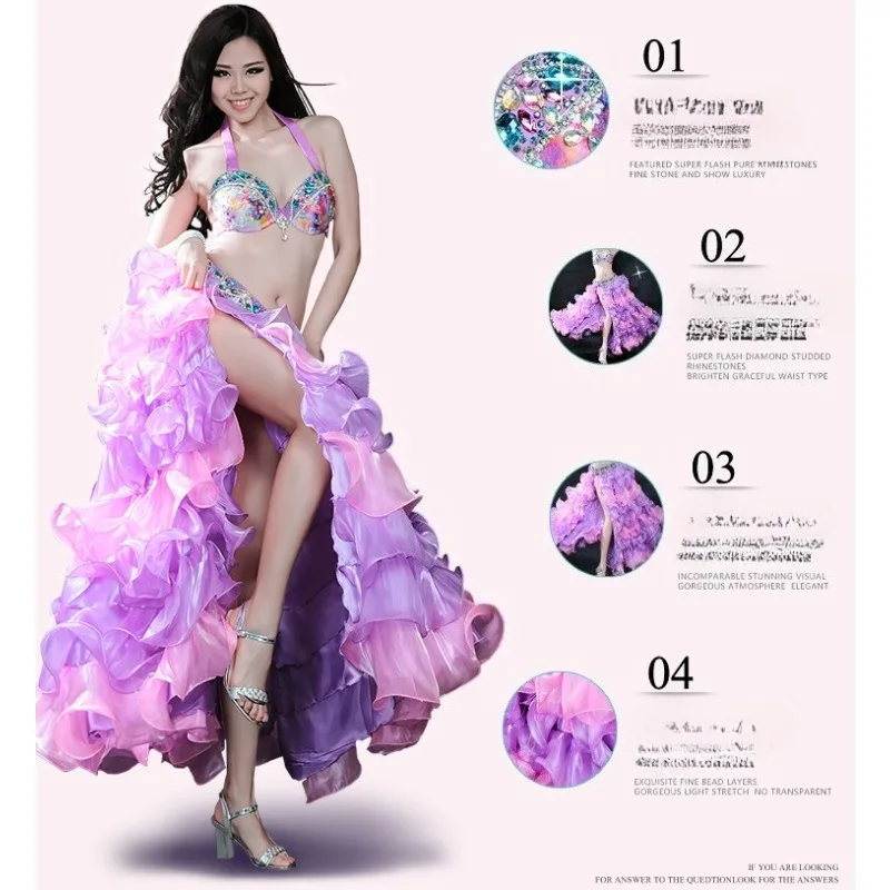 Terno de dança do ventre personalizado, traje de performance, dança oriental, sexy, sutiã, cinto, saia, 3 peças, roupas femininas