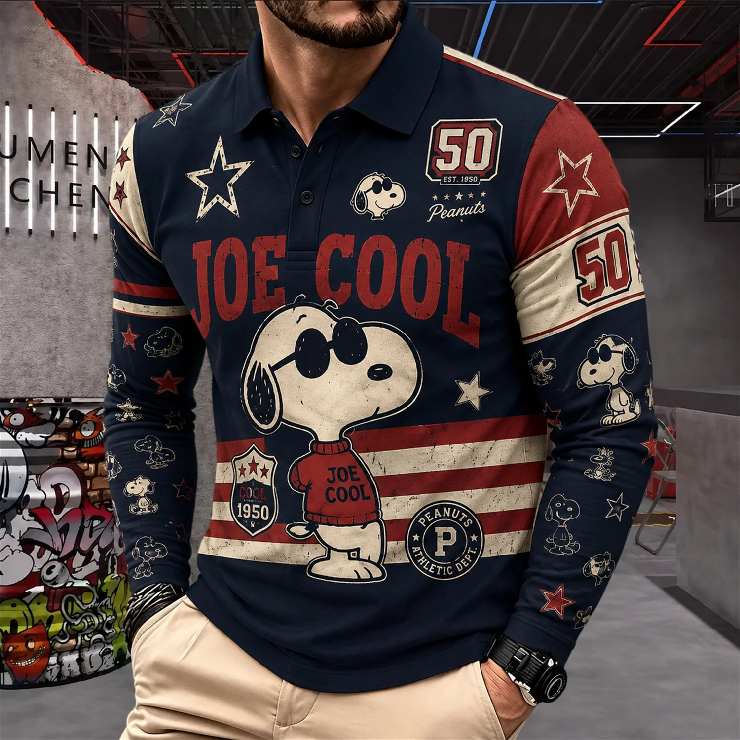 Herren Snoopy Woodstock Langarm-Poloshirt Peanuts Cartoon Grafik T-Shirt Casual Y2K Streetwear Pullover Top – Detail 3