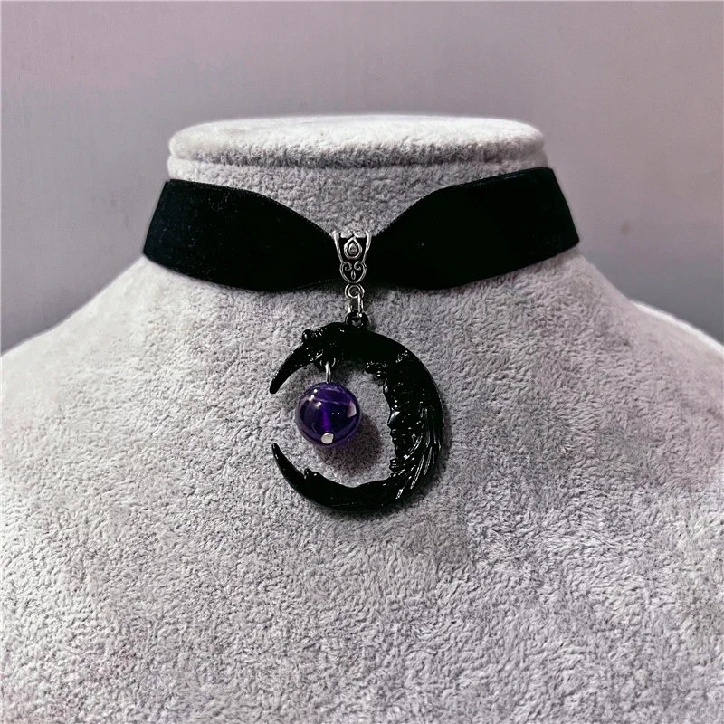 Amethyst Crystal Moon Pendant Black Velvet Necklace, Personalised Friendship Gift