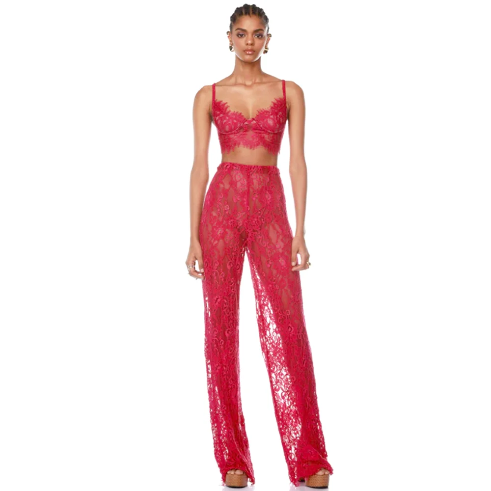 Europe And The United States Hot New Rose Red Strap With Lace Mesh See-Through Pants