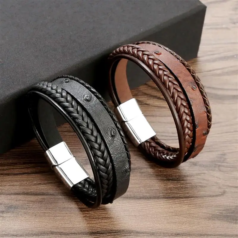 2023 New Men Leather Bracelets Braided Rope Bangle Multilayer Black Brown Color Vintage Punk Unisex Jewelry Wristband Gifts