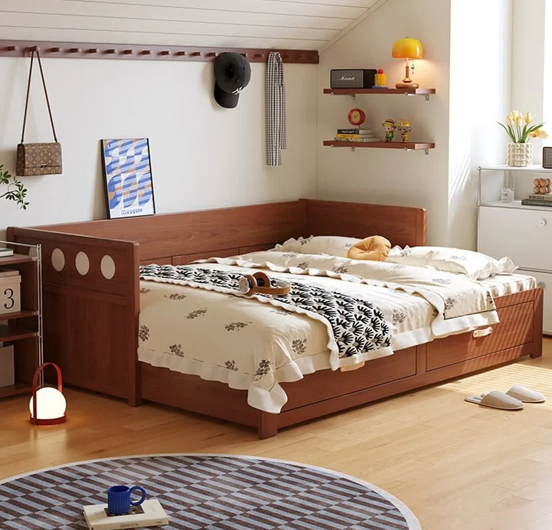 Multifunctional solid wood sofa bed, pull telescopic storage, small apartment living room dual-use integrated