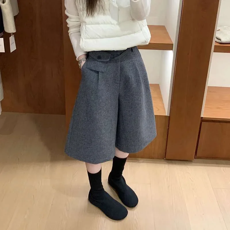 High-waisted Woolen Loose Mid-pants Casual Pants Autumn and Winter New Style Versatile and Stylish Five-point Boot Pants Wide