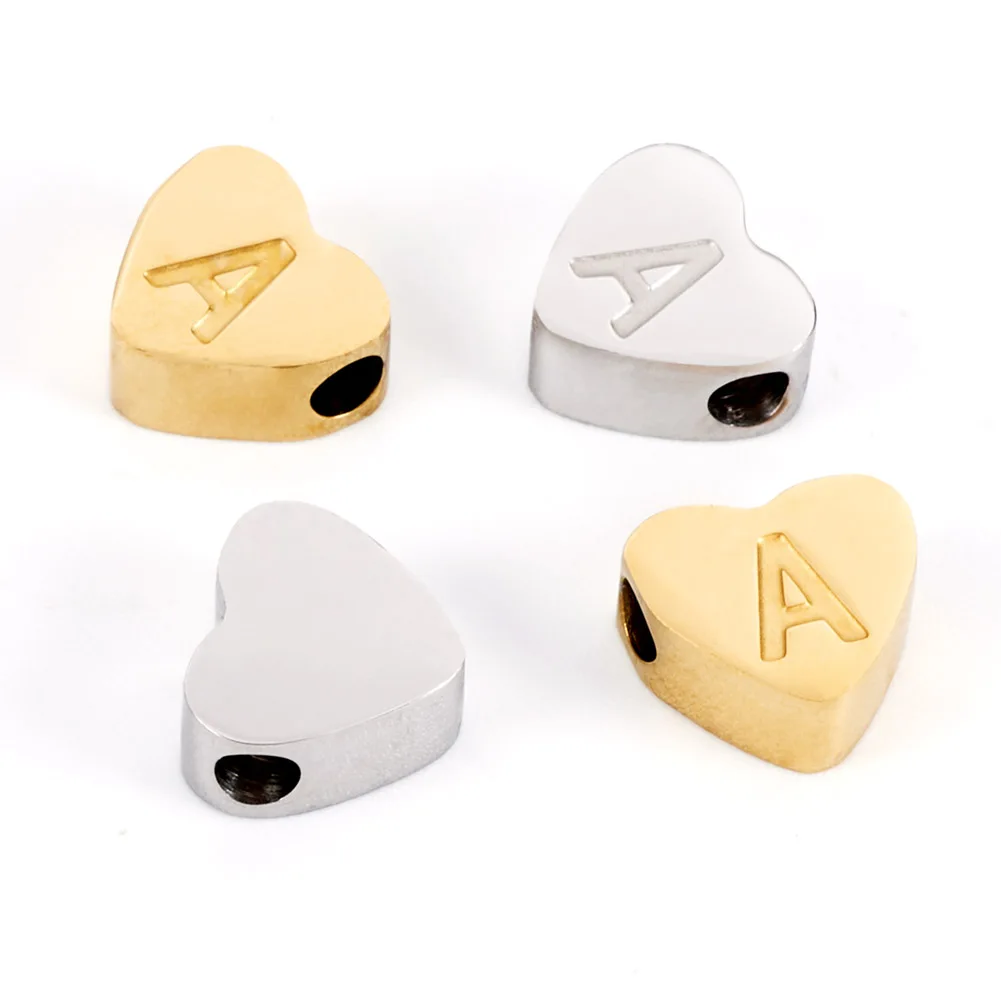 4pcs Alphabet Heart Stainless Steel Beads Letter A/E/I/O/U Mix Color Beading Anniversary DIY Jewelry Making Accessories 8x7mm