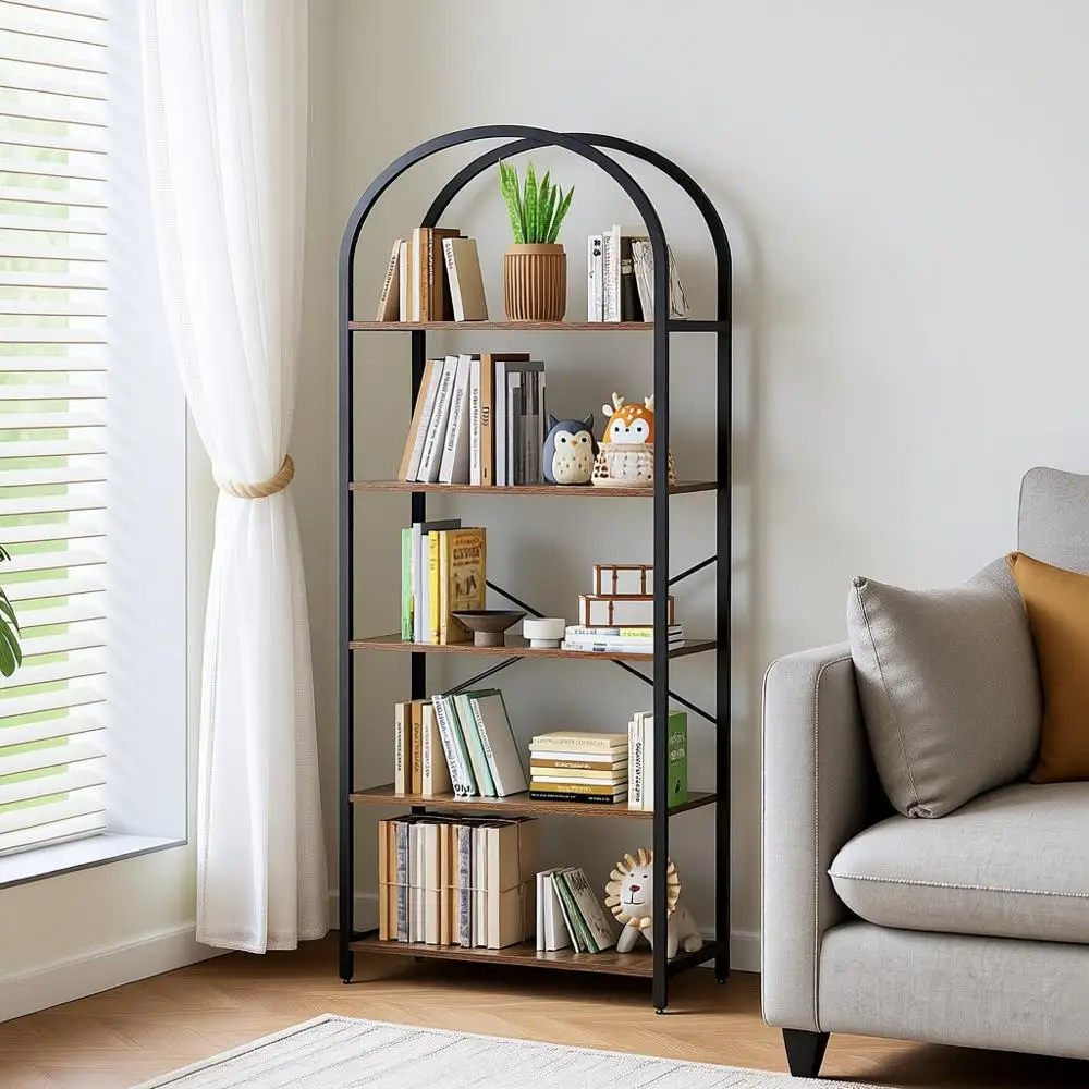 

5-ярусная арочная витрина, деревянный и металлический книжный шкаф, высокий стеллаж для дома или офиса, гостиной, спальни, ванной комнаты, прихожей