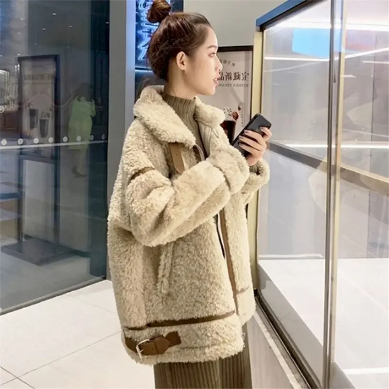 Korean Retro Loose Plus Velvet Motorcycle Jacket Imitation Lamb Fur Coat Womens Fashion Casual Jackets 2024 New Autumn Winter