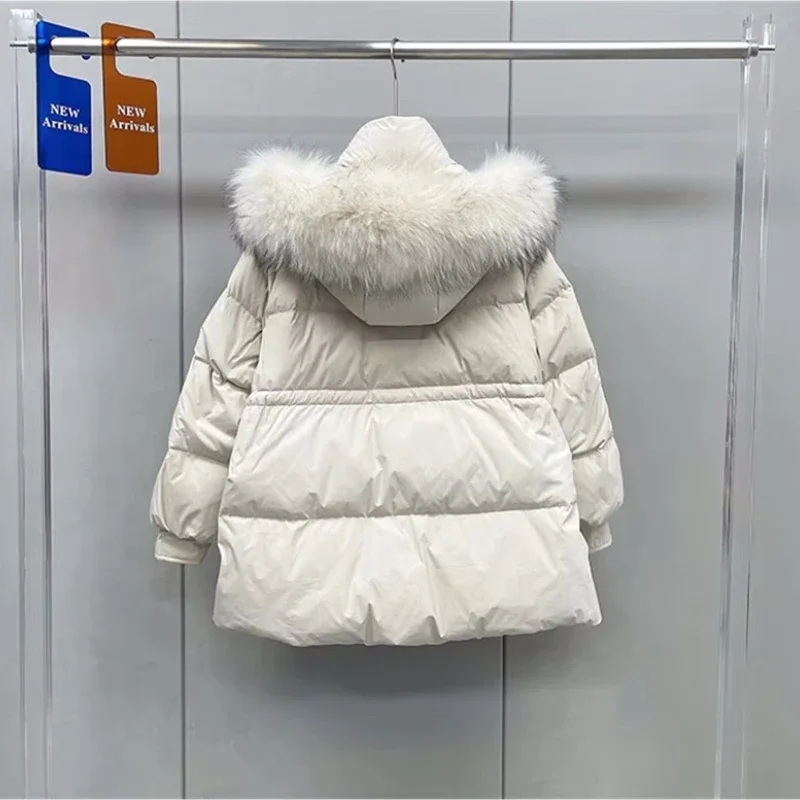 Nuevo Cuello de piel de mapache auténtica Natural con capucha de invierno para mujer chaqueta de plumón de pato blanco abrigo cálido para mujer prendas de vestir exteriores