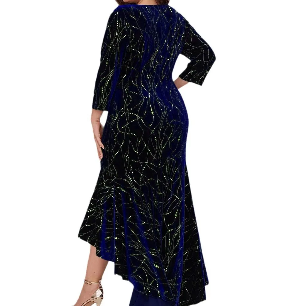 2023 Velvet Hot Silver Irregular Hem Long Cropped Sleeve Plus Size Dress