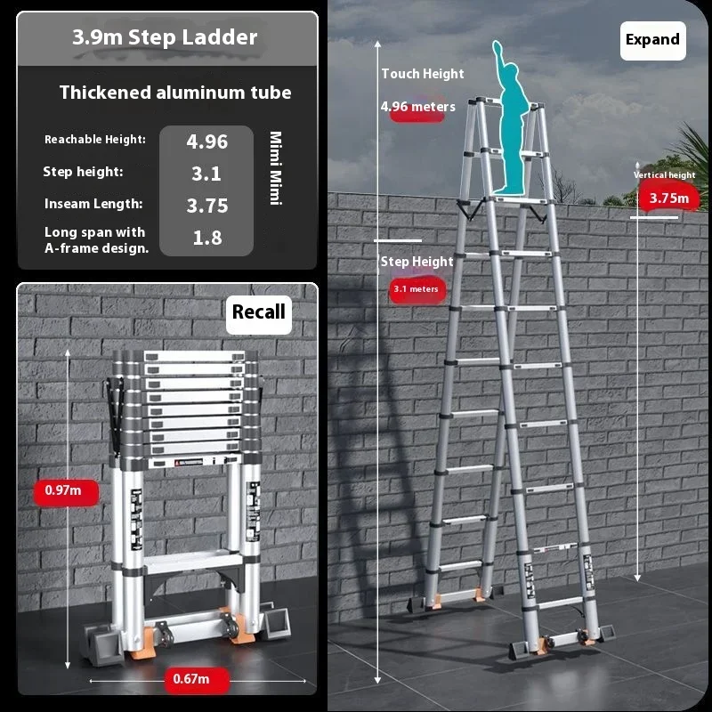 سلم متعرج سميك من سبائك الألومنيوم سلم متداخل الأجزاء سلم هندسي منزلي متعدد الوظائف رفع داخلي