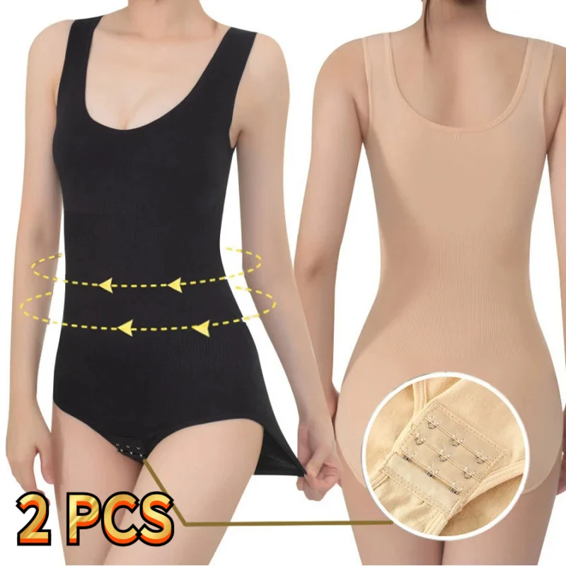 2-teiliges Body-Shapewear-Set für Damen, nahtlos, formgebend, Ganzkörper-Bodysuit, Rundhalsausschnitt, Bauchkontrolle, atmungsaktiv, Body-Shaper-Unterwäsche