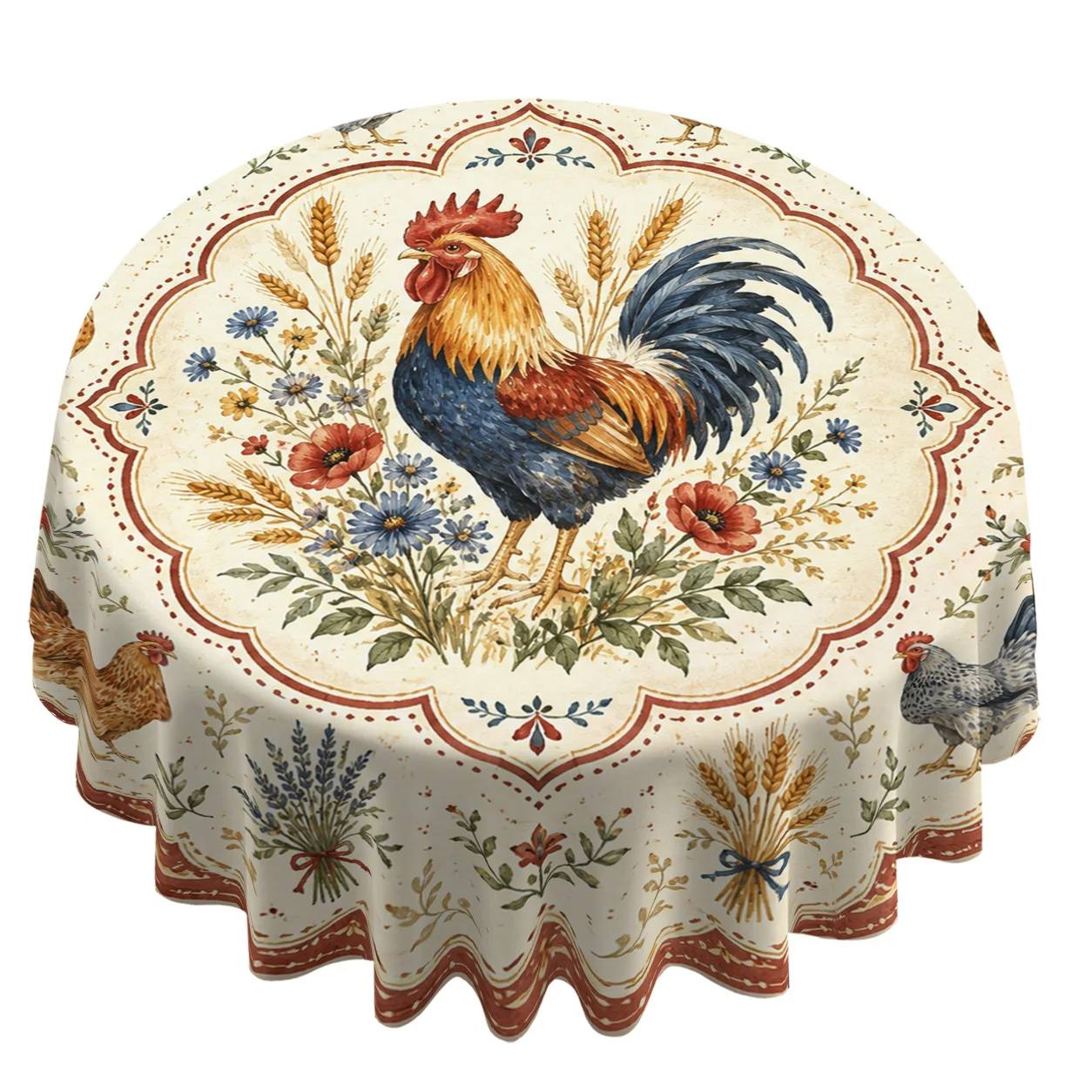 1pc Round Tablecloth, Rooster, Hen, Flowers, Wheat Sheaves Round Pattern 2D Printed Tablecloth, Diameter 60 Inch