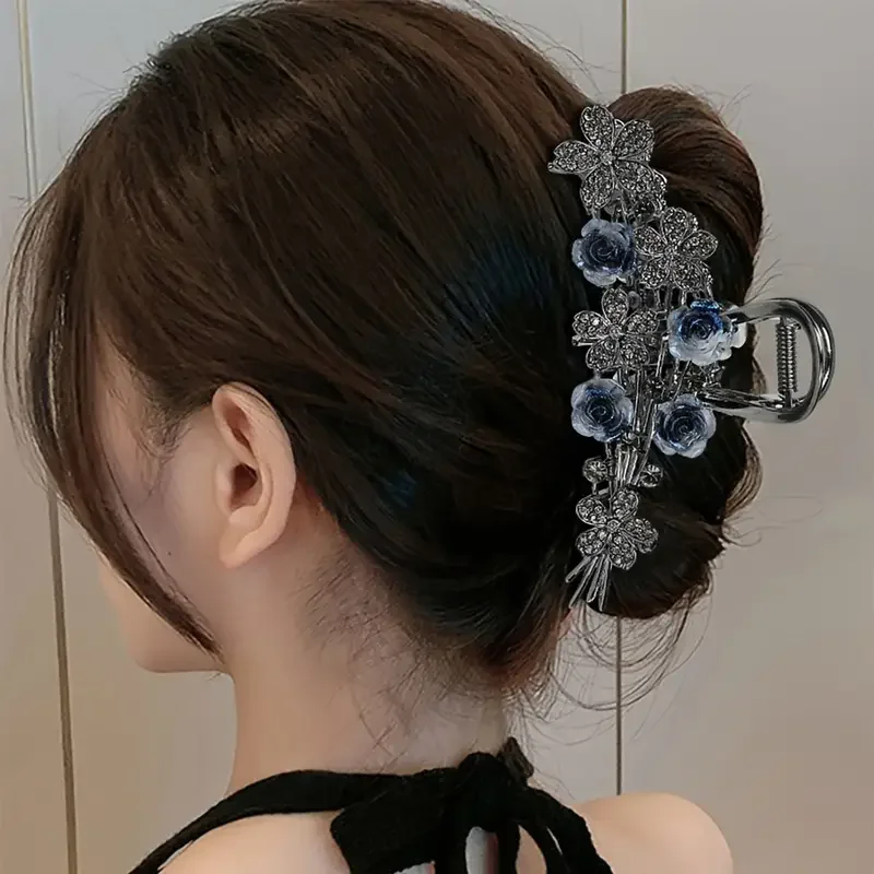 A classic rose shaped hairpin with crystal inlay, made of zinc alloy material, elegant black accessories, for women