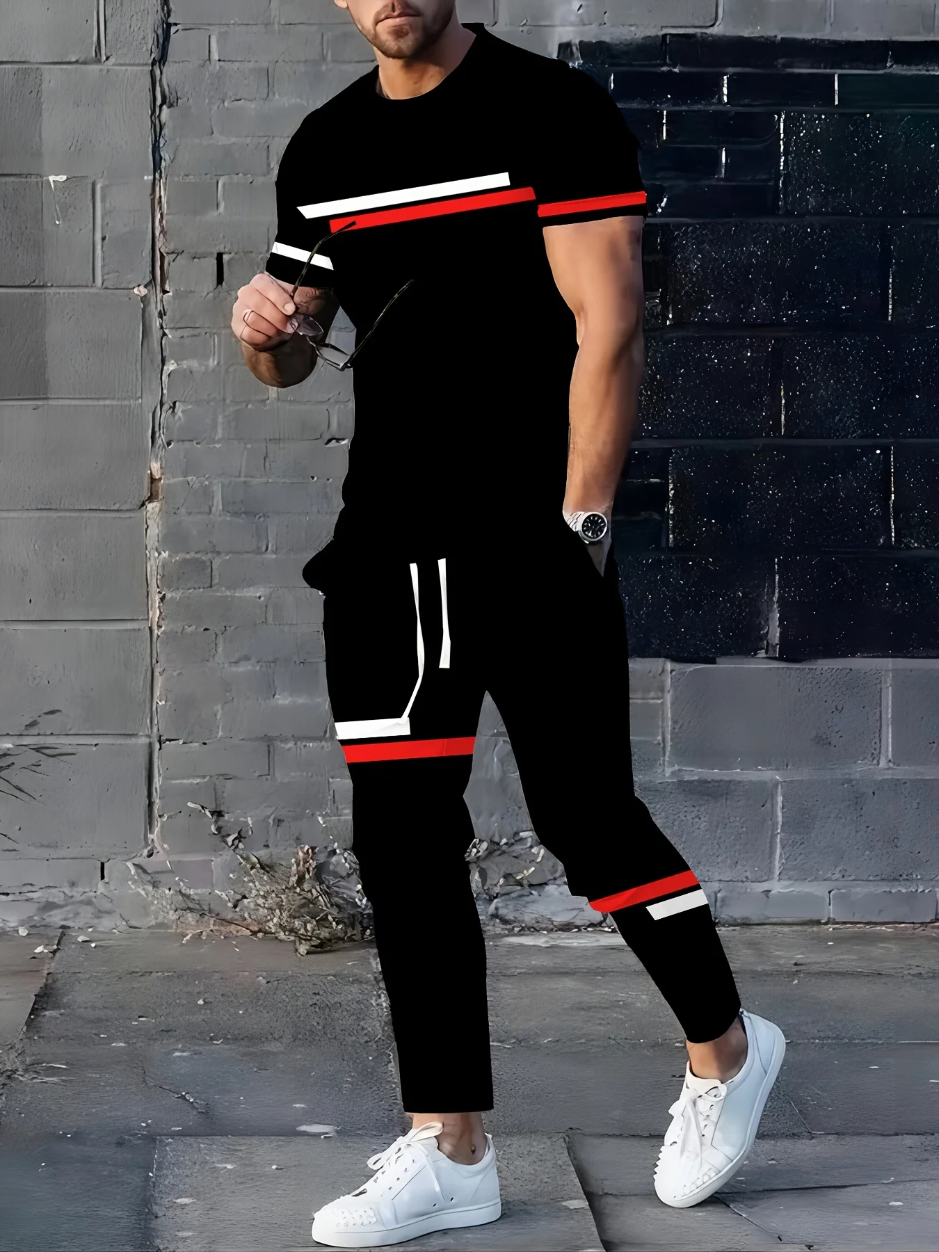 

Men's casual short sleeved pants set with round neck design micro elastic fabric and pockets for summer casual wear