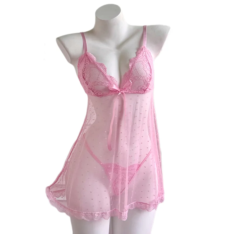 Conjunto de dos piezas rosa sexy para mujer: vestido de lunares transparente y tanga para ropa de dormir en casa.