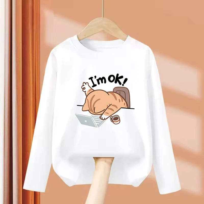 Funny I Am Ok Computer Cat T Shirts Long Sleeve Manga Kids Children's T-shirt Boys Girls Summer Spring Casual Top Tee