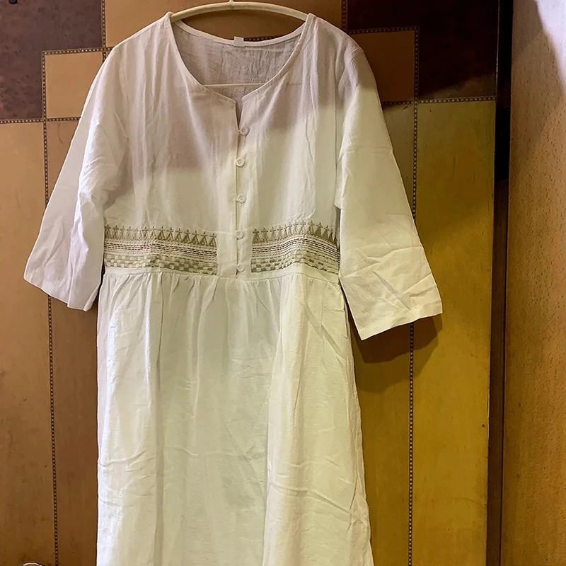 Hot Cotton Linen Embroider Beach Casual A-line Dress Elegant Vintage Loose Dresses Summer 3/4 Sleeve Robe Female Midi Vestido