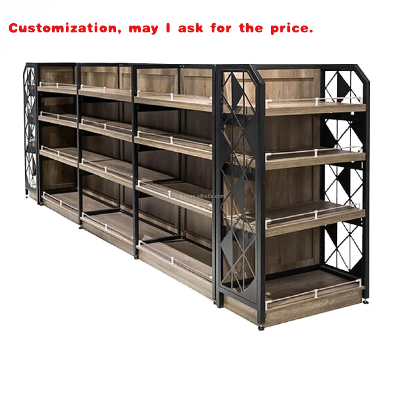 custom.Customized Light Duty Metal Display Stand Steel Frame Grocery Store Shelf with Wooden Flat Back Panel Supermarket Clothin