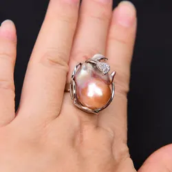 GG Natural Pink Purple Keshi Pearl Ring White Gold Plated CZ Paved Baroque Pearl Rings Lady Party Gift