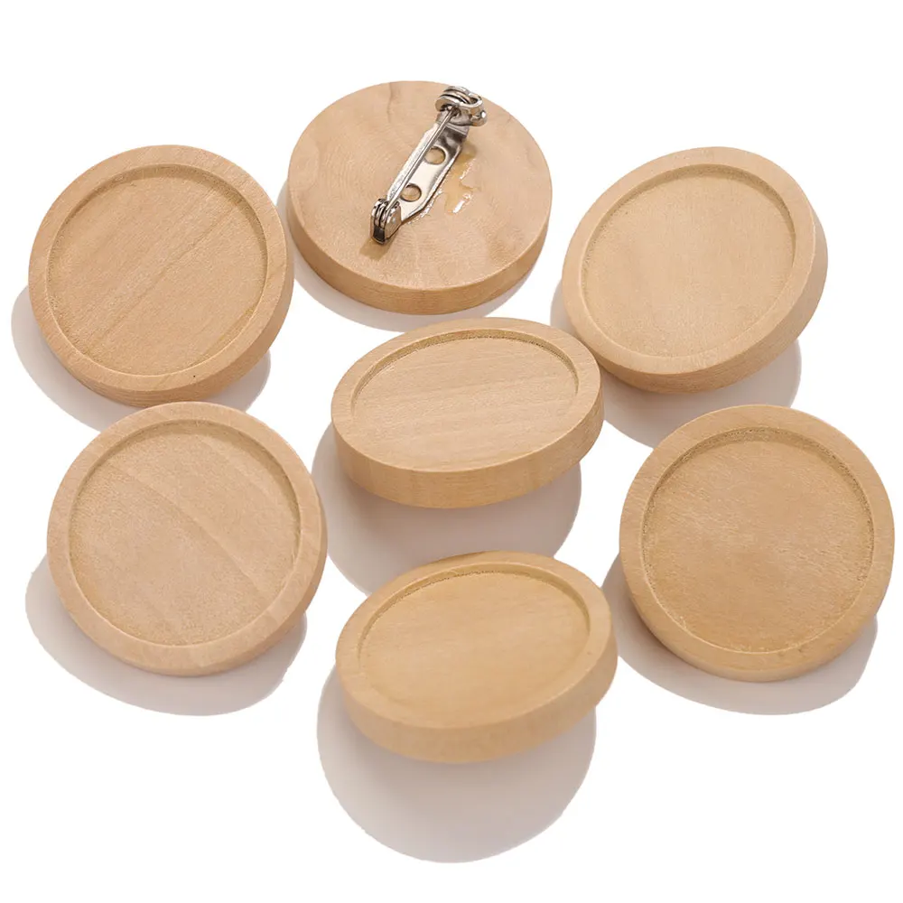 

10pcs Wood Cabochon Brooch Base Settings Resin 20 25 30 40mm Round Bezel Tray Diy Brooches Pin Flat Backs for Jewelry Making
