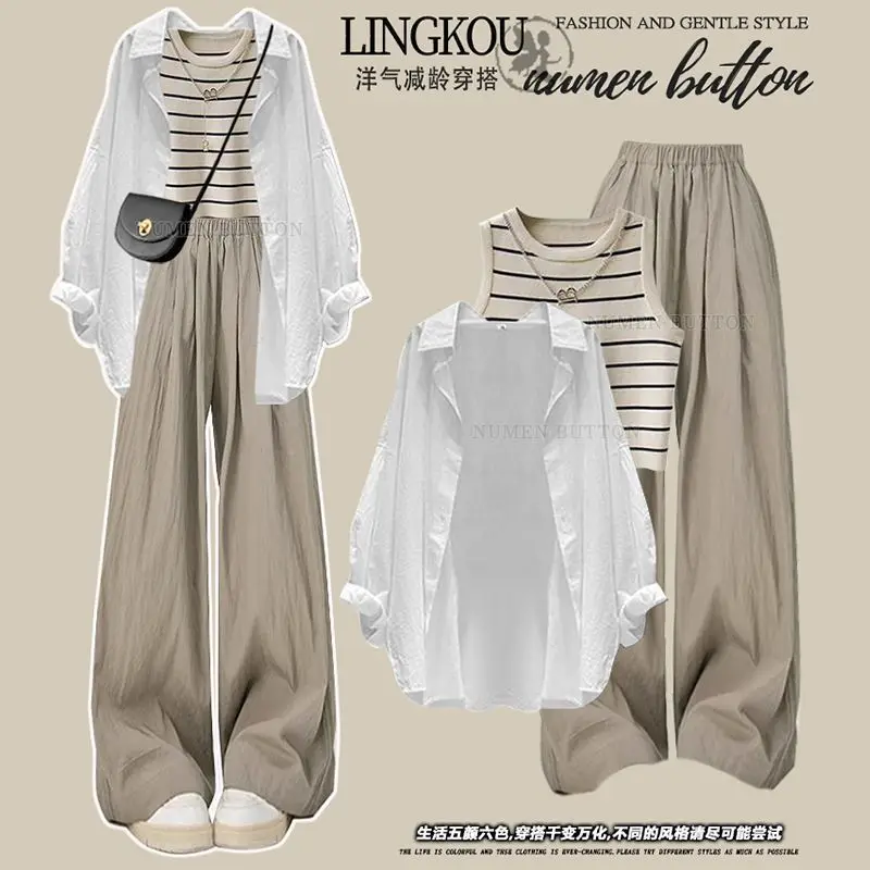 

Summer Suit for Women 2025 New Lazy Style Sunscreen Shirt Striped Vest Casual Pants Three-piece Set